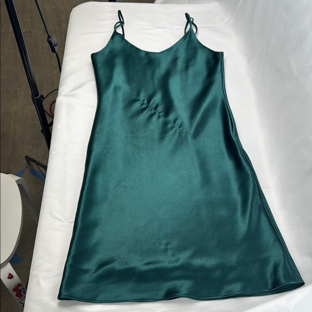 Green Satin Silk Mini Dress – Etsy Find – Size M – Shows Some Wear